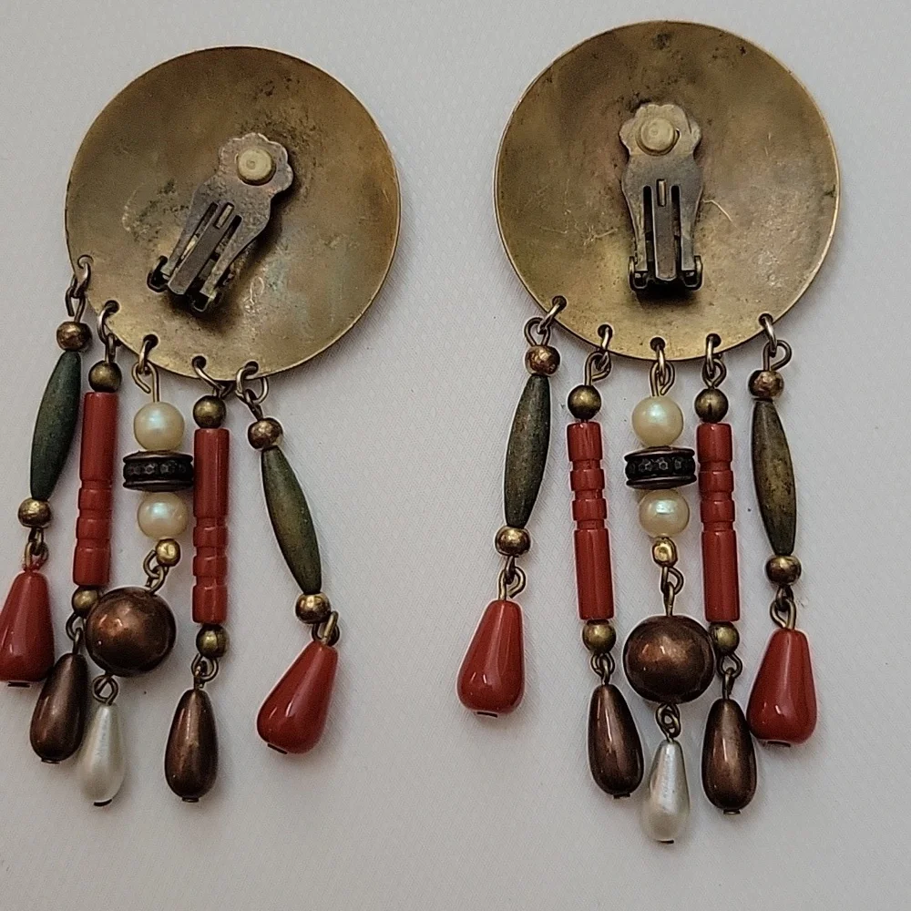 Vintage Clip-On Asian Inspired Beaded Dangle Drop Earrings